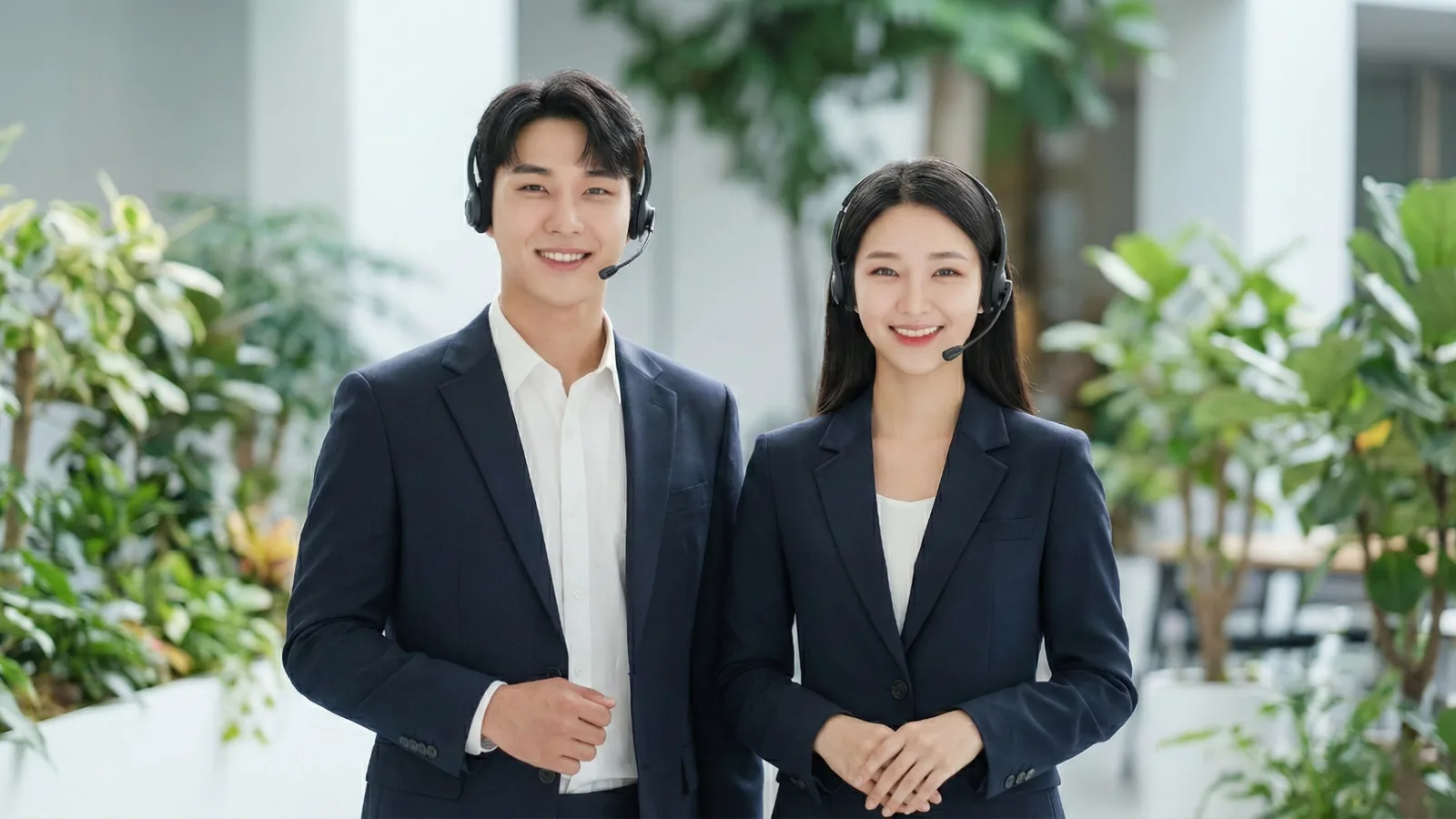 남녀 상담원이 나란히 서서 상담을 준비하는 모습