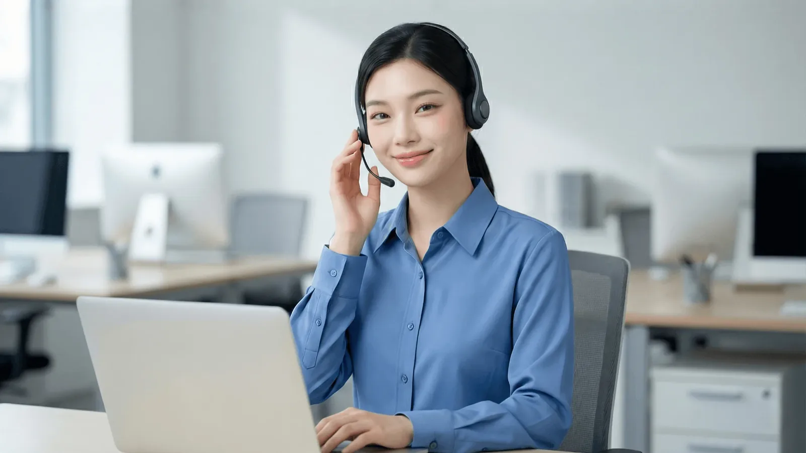 SK 미납 정책 소액결제 문의를 노트북으로 확인하는 상담원 모습